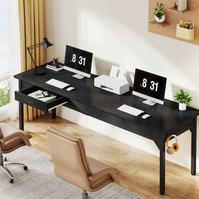 Cheap Tribesigns 78.7" Two Person Desk, Long Computer Desk with 2 Drawers