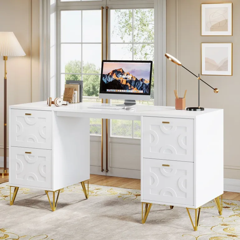 Flash Sale Tribesigns 59" White Computer Desk with File Drawers, Wood Executive Desk for Home Office
