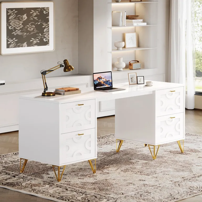 Flash Sale Tribesigns 59" White Computer Desk with File Drawers, Wood Executive Desk for Home Office