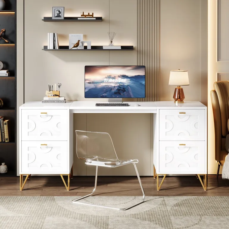 Flash Sale Tribesigns 59" White Computer Desk with File Drawers, Wood Executive Desk for Home Office
