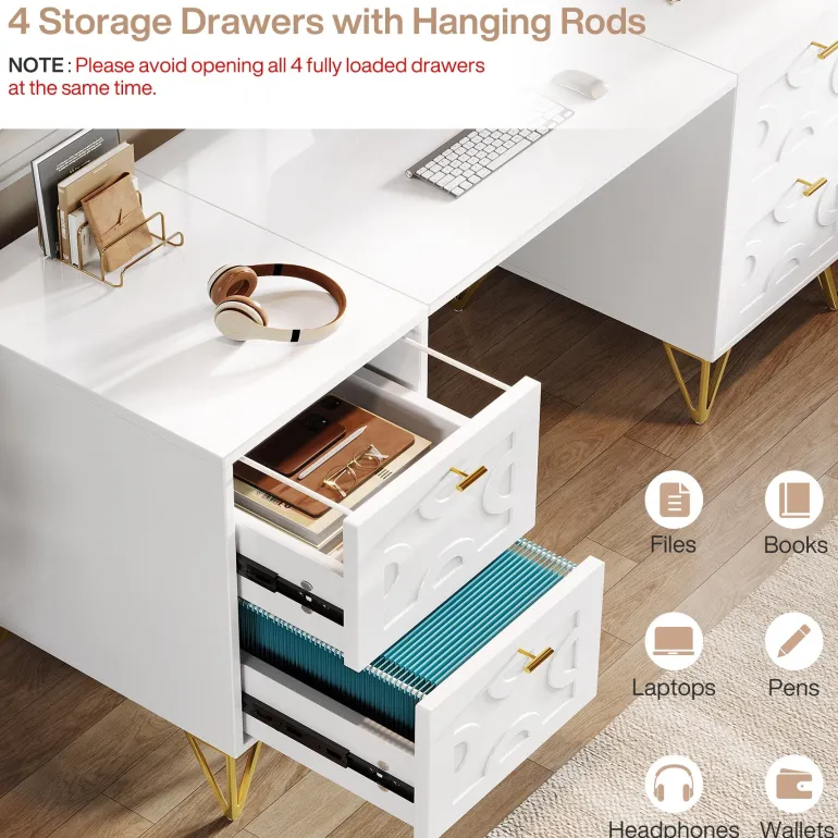 Flash Sale Tribesigns 59" White Computer Desk with File Drawers, Wood Executive Desk for Home Office