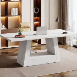 Sale Tribesigns 63" Wood Computer Desk, Faux Marble Executive Desk Office Desk