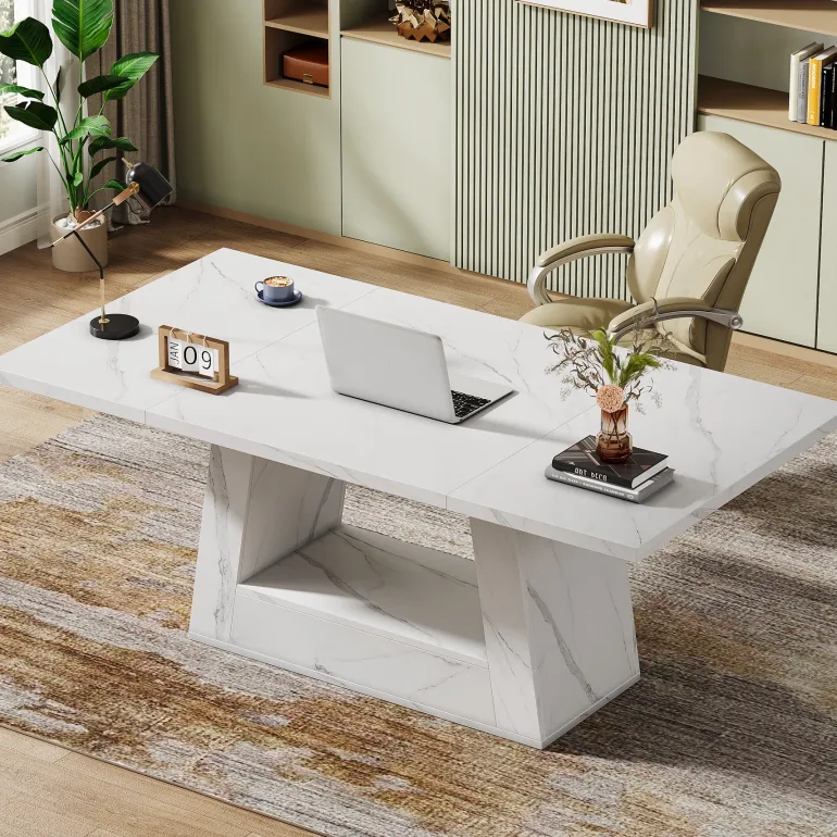 Sale Tribesigns 63" Wood Computer Desk, Faux Marble Executive Desk Office Desk