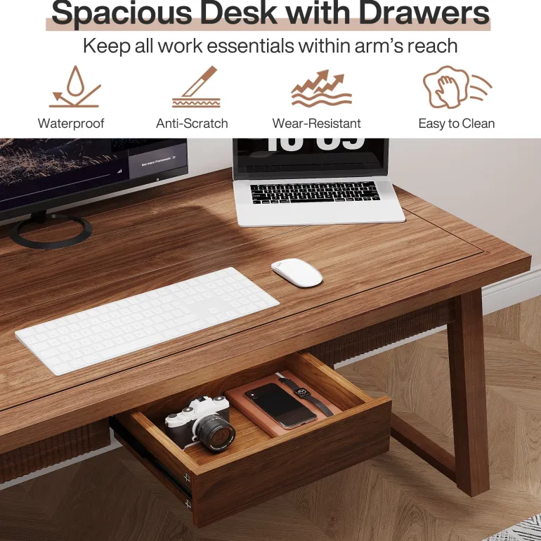 Online Tribesigns 55" Wood Computer Desk, Mid - Century Modern Study Writing Table with Drawer