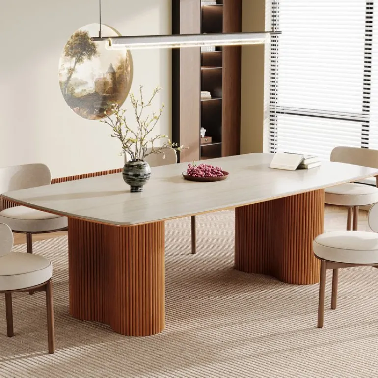 Sale Tribesigns 78.7" Wood Dining Table, Luxury Stone Kitchen Table for 8