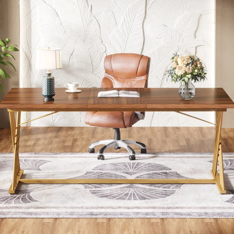 Online Tribesigns 63" Wood Executive Desk Computer Desk with Metal Frame for Home Office