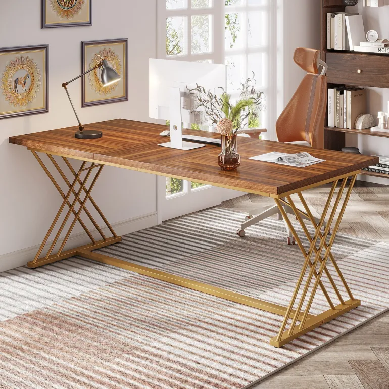 Online Tribesigns 63" Wood Executive Desk Computer Desk with Metal Frame for Home Office