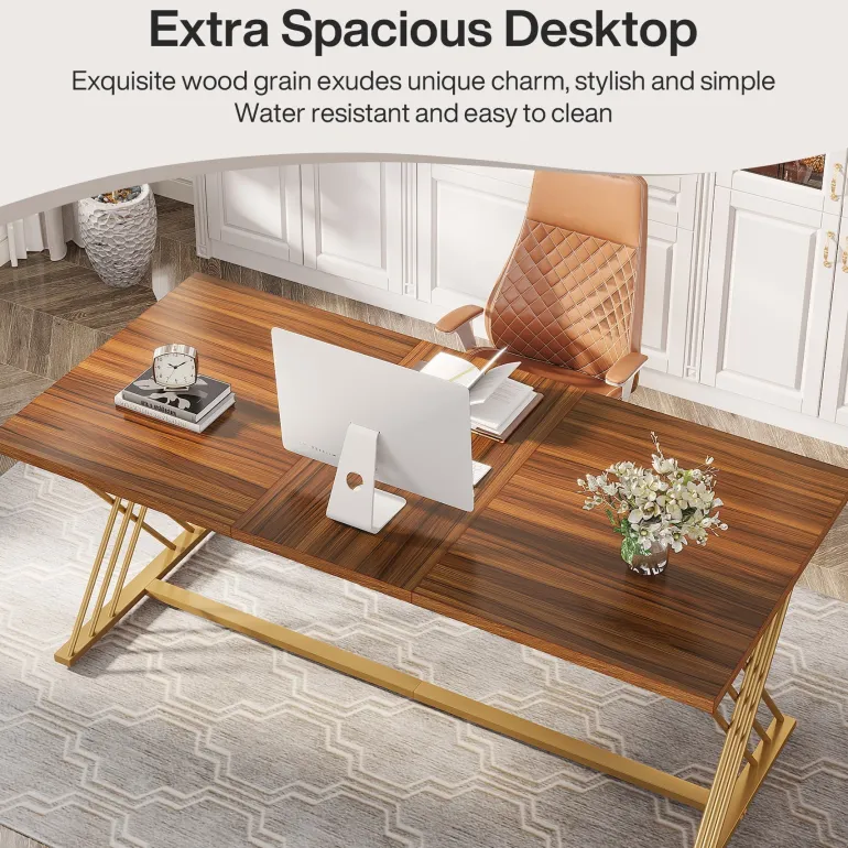 Online Tribesigns 63" Wood Executive Desk Computer Desk with Metal Frame for Home Office