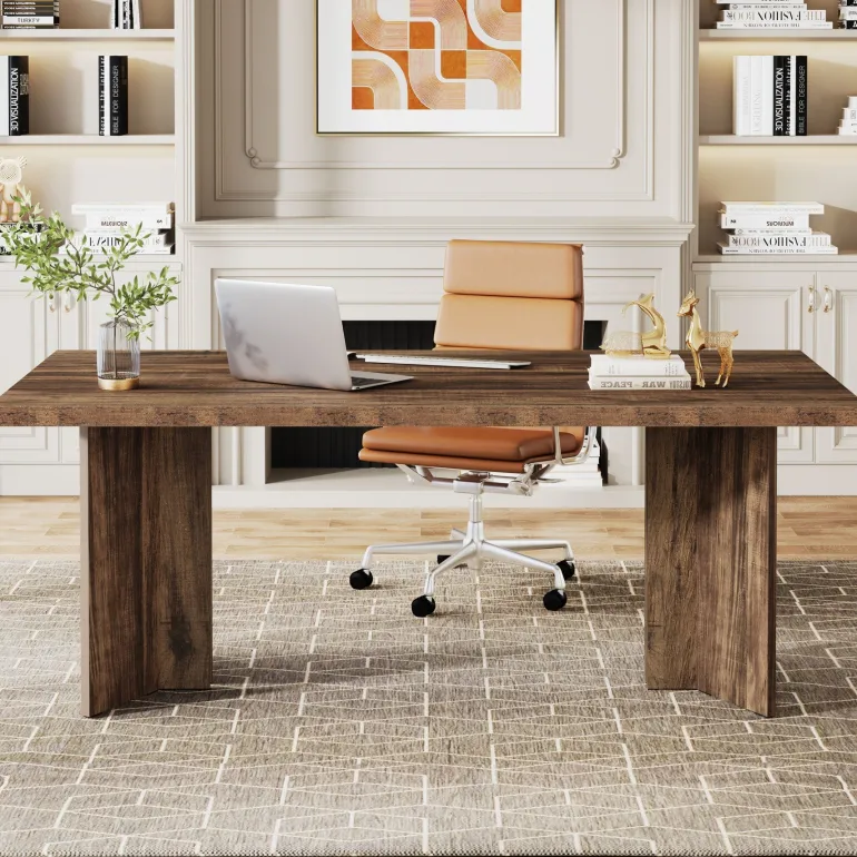 Flash Sale Tribesigns 63" Wood Executive Desk, Farmhouse Computer Desk with Large Tabletop