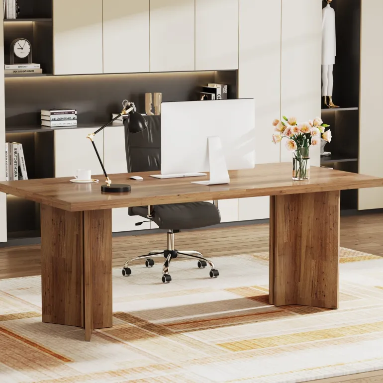 Flash Sale Tribesigns 63" Wood Executive Desk, Farmhouse Computer Desk with Large Tabletop