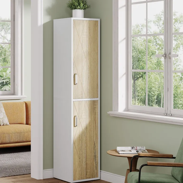 Hot Tribesigns 75" Wood Storage Cabinet, Free - Standing Cube Cabinet with 6 Shelves
