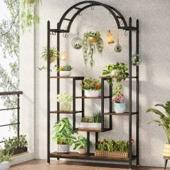 Outlet Tribesigns Arched Plant Stand, 74.8" Flower Stands with Hanging Hooks