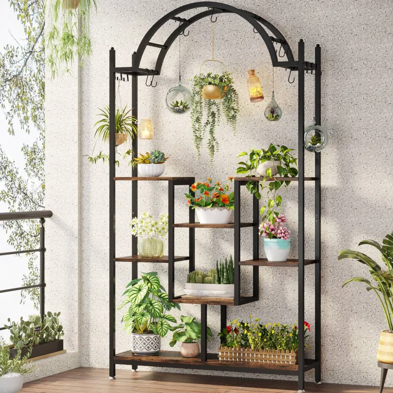 Outlet Tribesigns Arched Plant Stand, 74.8" Flower Stands with Hanging Hooks