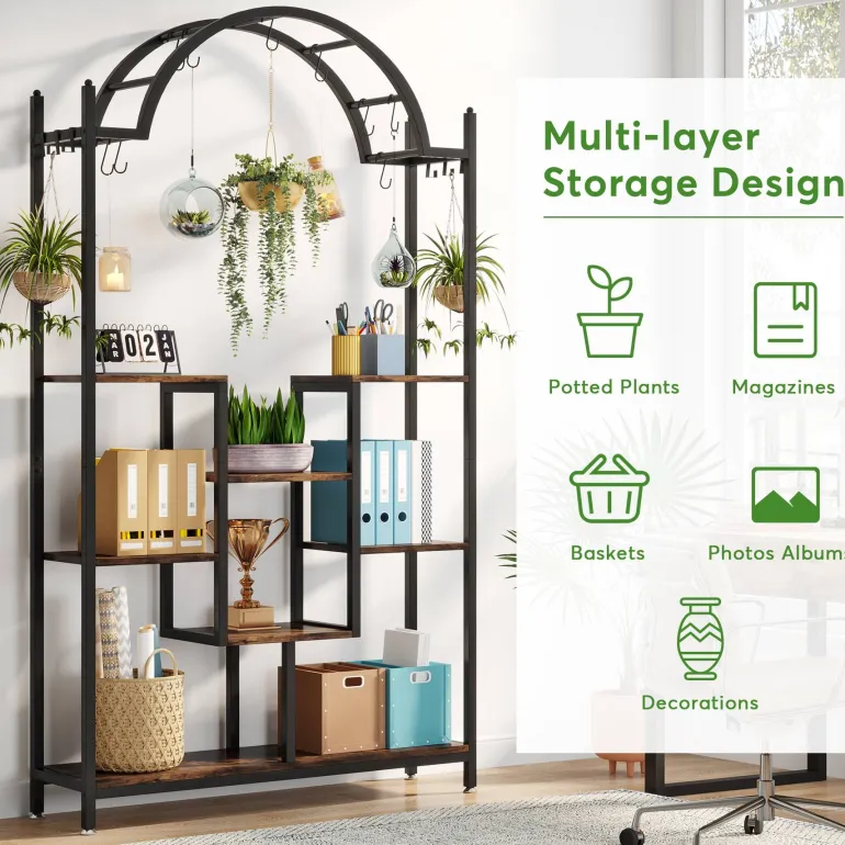 Outlet Tribesigns Arched Plant Stand, 74.8" Flower Stands with Hanging Hooks