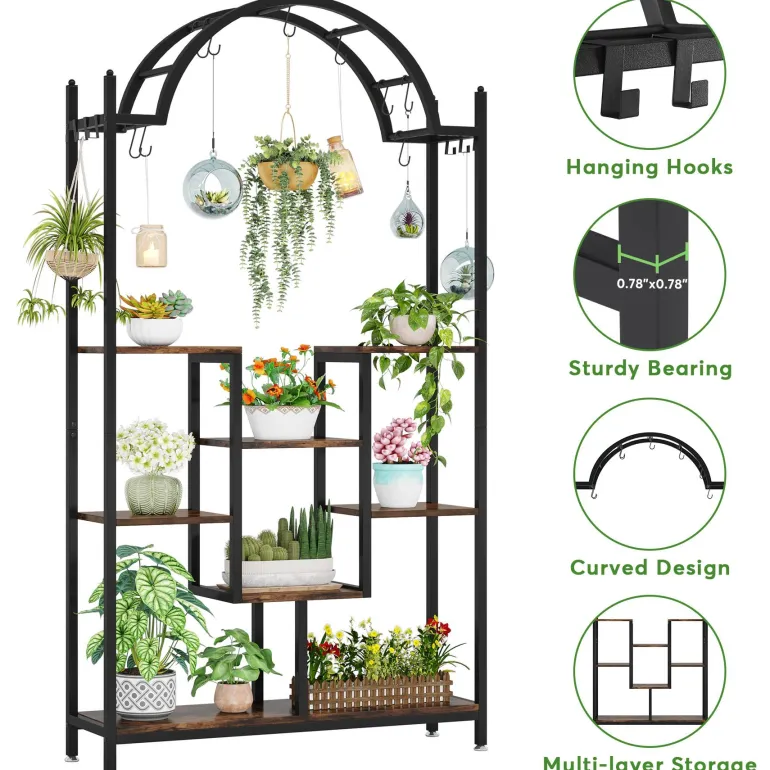Outlet Tribesigns Arched Plant Stand, 74.8" Flower Stands with Hanging Hooks
