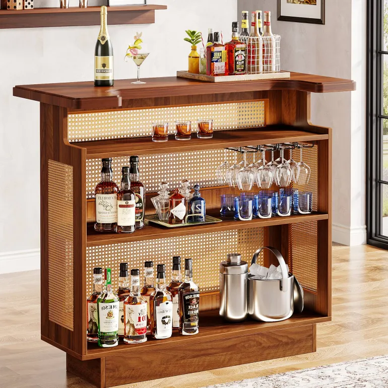Best Sale Tribesigns Bar Unit, 4-Tier Rattan Liquor Wine Bar Cabinet with Stemware Racks