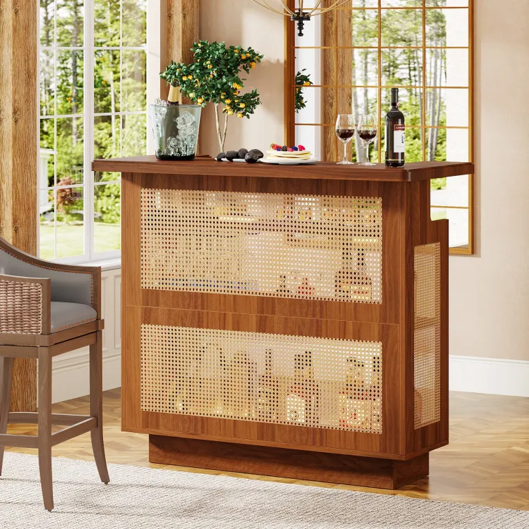 Best Sale Tribesigns Bar Unit, 4-Tier Rattan Liquor Wine Bar Cabinet with Stemware Racks