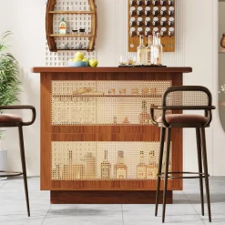 Best Sale Tribesigns Bar Unit, 4-Tier Rattan Liquor Wine Bar Cabinet with Stemware Racks