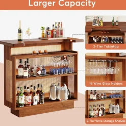 Best Sale Tribesigns Bar Unit, 4-Tier Rattan Liquor Wine Bar Cabinet with Stemware Racks