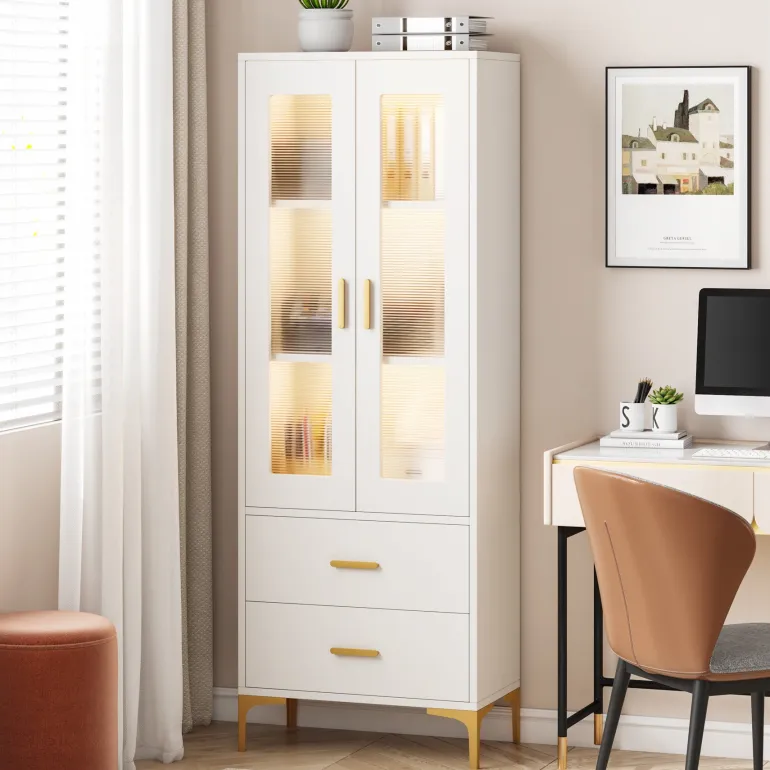 Online Tribesigns Bookcase, White Bookshelf with LED Light, Frosted Doors & 2 Drawers