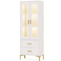 Online Tribesigns Bookcase, White Bookshelf with LED Light, Frosted Doors & 2 Drawers