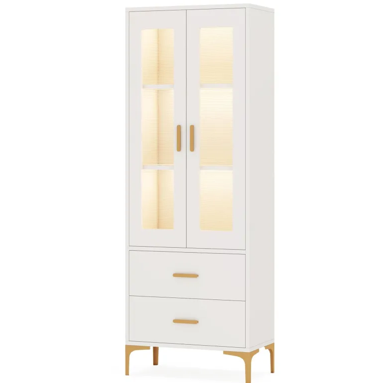 Online Tribesigns Bookcase, White Bookshelf with LED Light, Frosted Doors & 2 Drawers