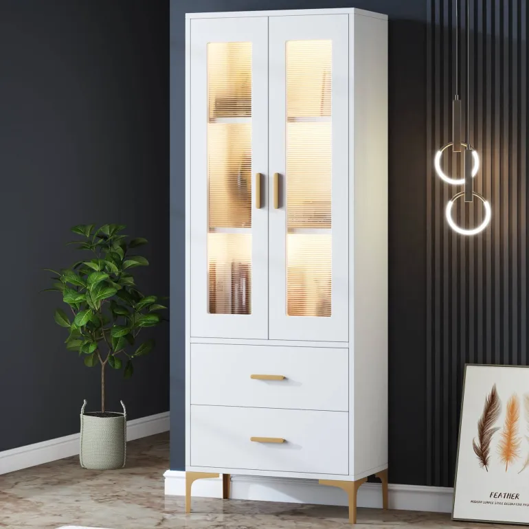 Online Tribesigns Bookcase, White Bookshelf with LED Light, Frosted Doors & 2 Drawers