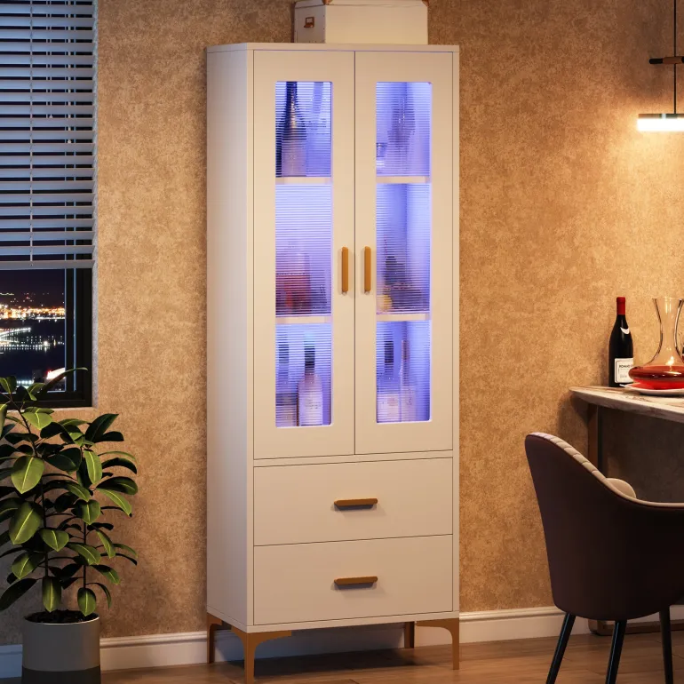 Online Tribesigns Bookcase, White Bookshelf with LED Light, Frosted Doors & 2 Drawers