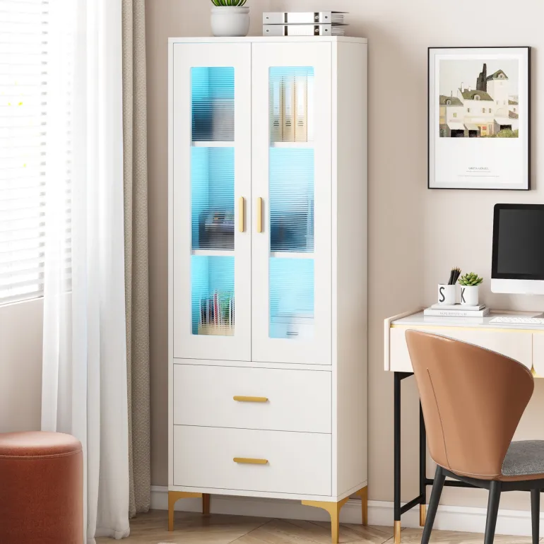 Online Tribesigns Bookcase, White Bookshelf with LED Light, Frosted Doors & 2 Drawers