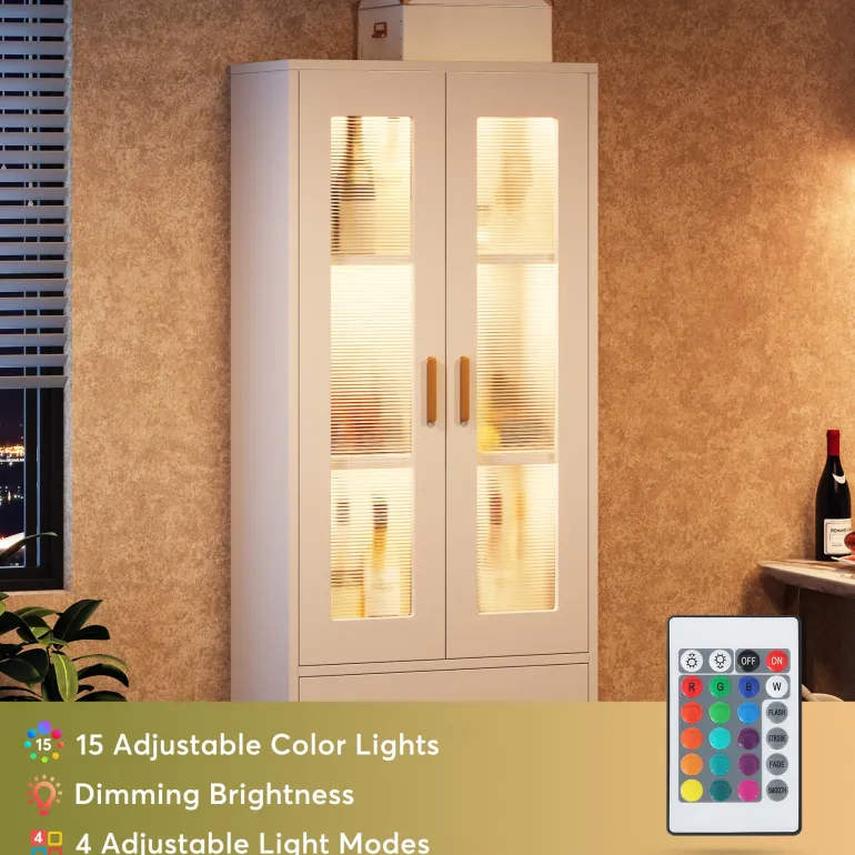 Online Tribesigns Bookcase, White Bookshelf with LED Light, Frosted Doors & 2 Drawers