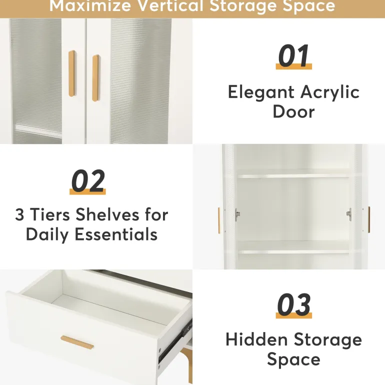 Online Tribesigns Bookcase, White Bookshelf with LED Light, Frosted Doors & 2 Drawers