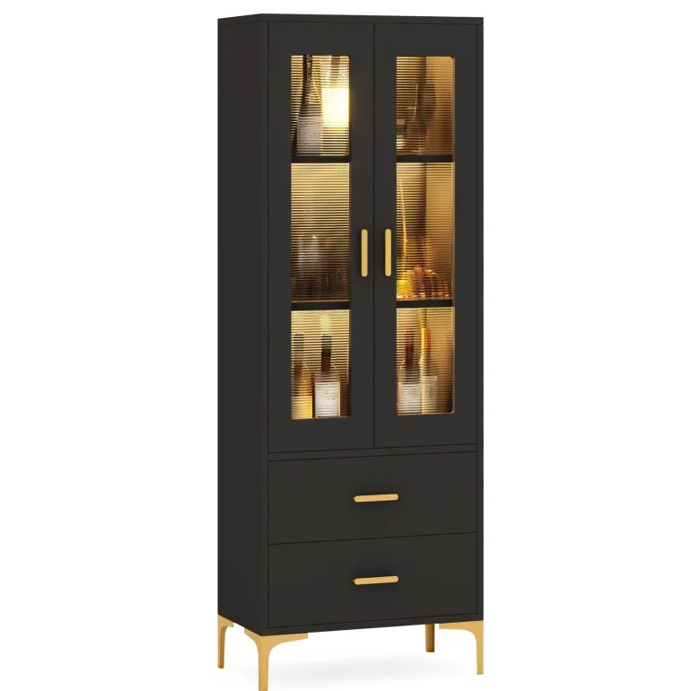 Online Tribesigns Bookcase, White Bookshelf with LED Light, Frosted Doors & 2 Drawers