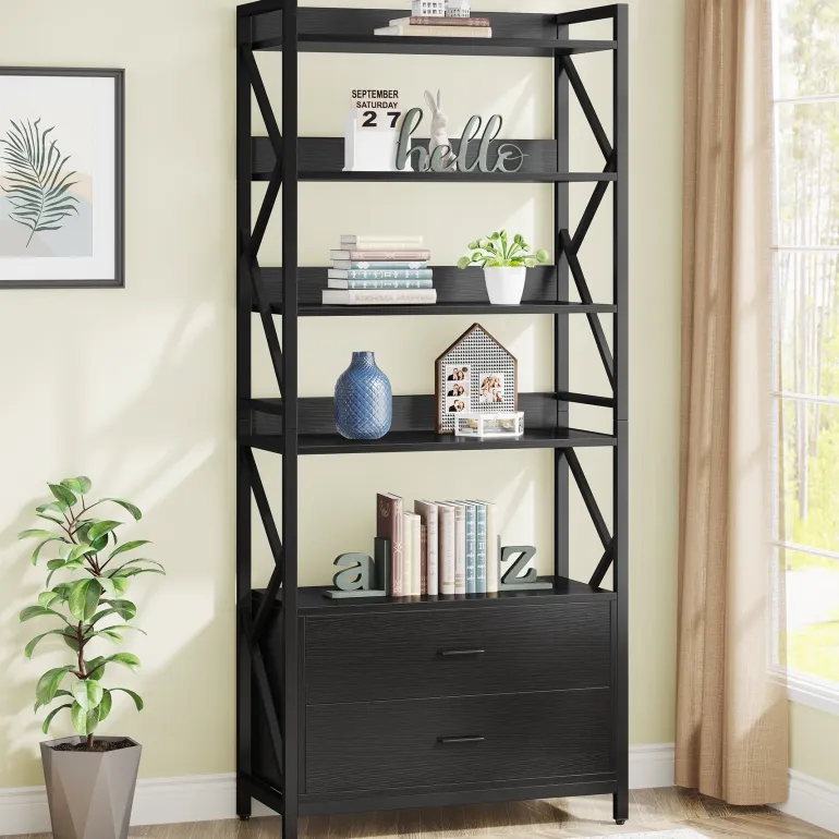 Sale Tribesigns Bookshelf, 70.86" Industrial 5-Tier Bookcase with 2 Drawers