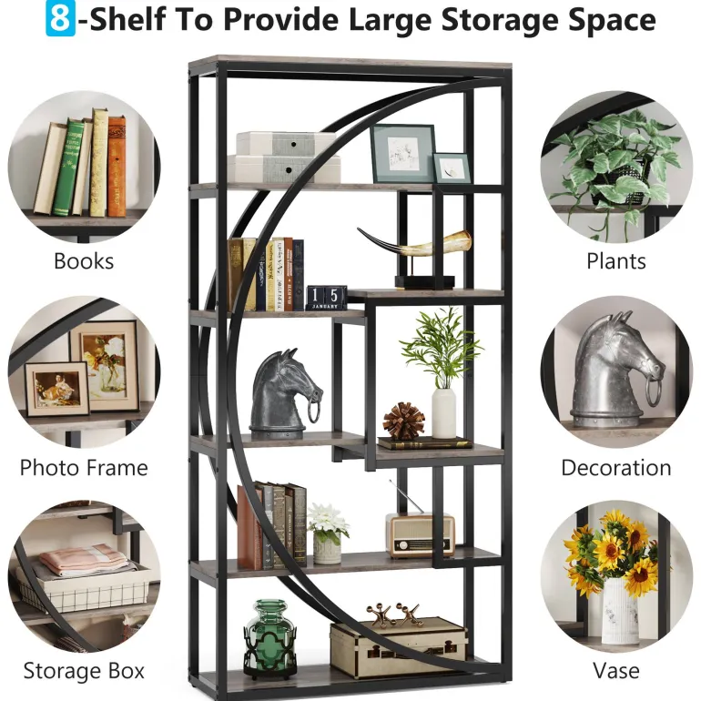 Online Tribesigns Bookshelf, Industrial Bookcase with 8 Open Storage Shelf