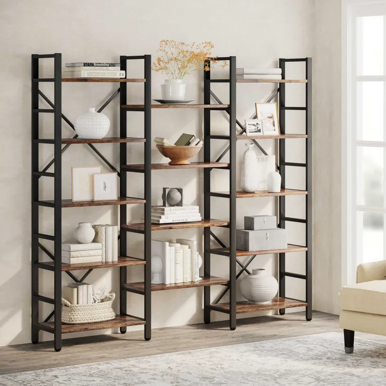 Shop Tribesigns Bookshelf, Industrial Triple Wide 14 Shelves Etagere Bookcase