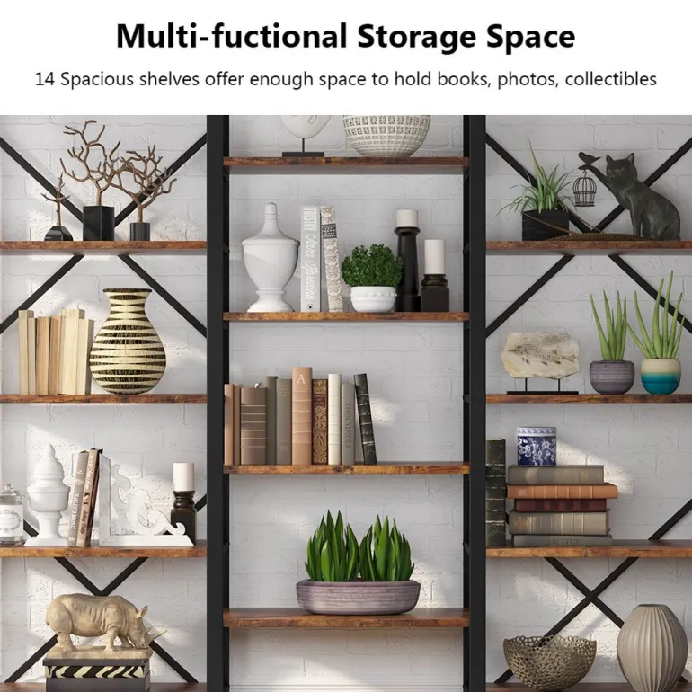 Shop Tribesigns Bookshelf, Industrial Triple Wide 14 Shelves Etagere Bookcase
