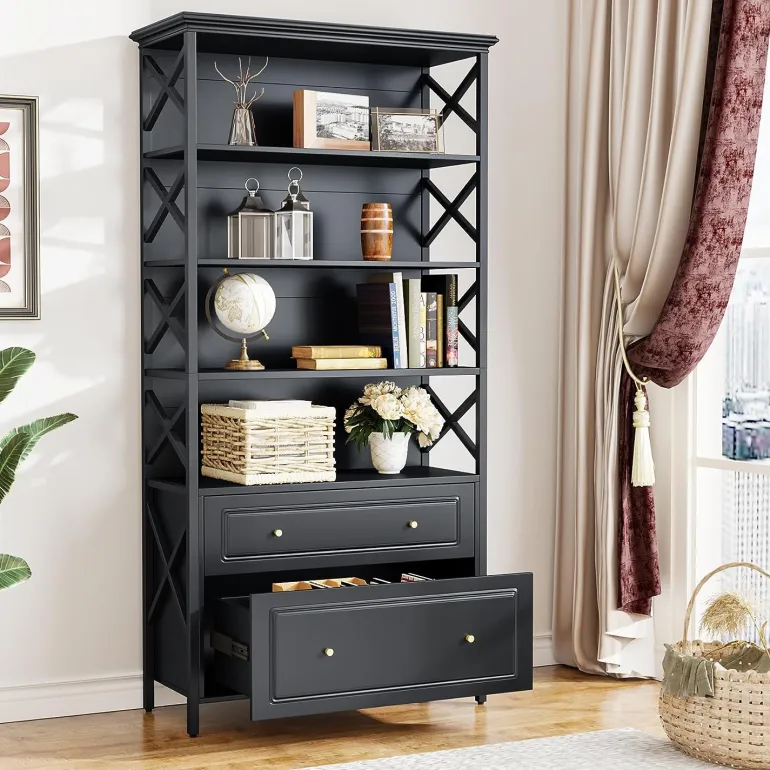 Discount Tribesigns Bookshelf, 5-Tier Bookcase Display Shelf Organizer with 2 Drawers
