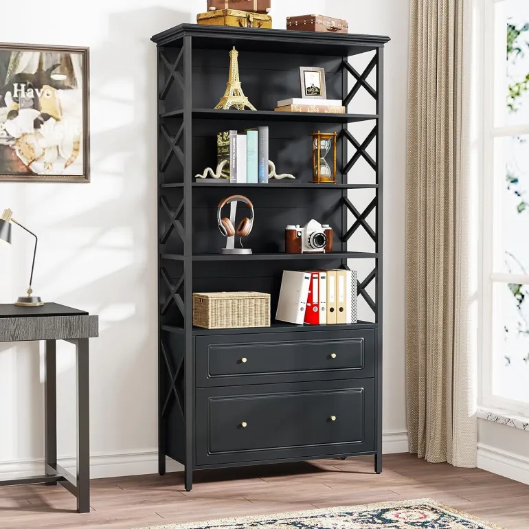 Discount Tribesigns Bookshelf, 5-Tier Bookcase Display Shelf Organizer with 2 Drawers