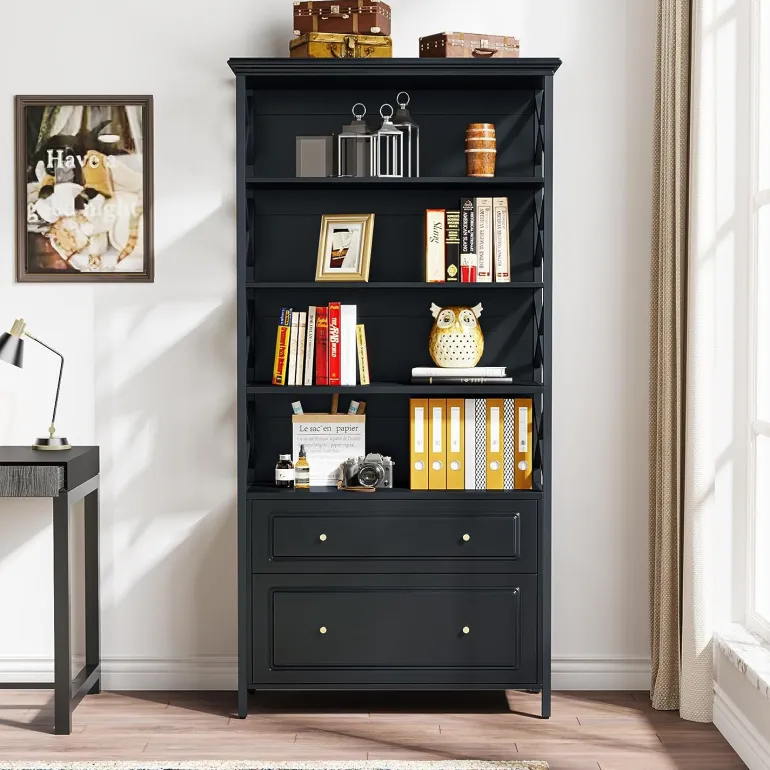 Discount Tribesigns Bookshelf, 5-Tier Bookcase Display Shelf Organizer with 2 Drawers
