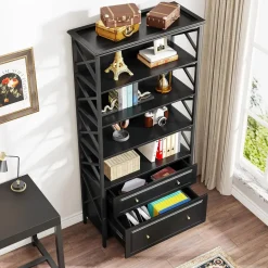 Discount Tribesigns Bookshelf, 5-Tier Bookcase Display Shelf Organizer with 2 Drawers