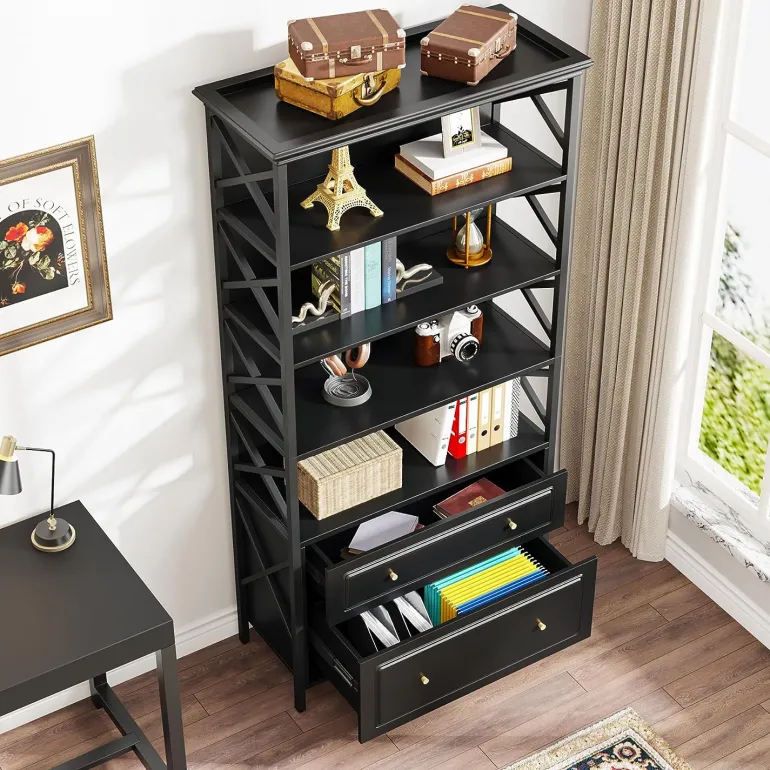 Discount Tribesigns Bookshelf, 5-Tier Bookcase Display Shelf Organizer with 2 Drawers