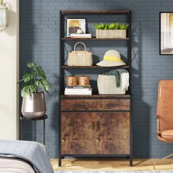 Cheap Tribesigns Bookshelf, 4-Tier Etagere Bookcase with Drawer & Cabinet
