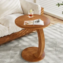 Sale Tribesigns C - Shaped End Table, Round Solid Wood Side Table for Living Room