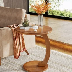Sale Tribesigns C - Shaped End Table, Round Solid Wood Side Table for Living Room
