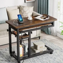 Online Tribesigns C Table, Mobile Portable Desk Side Table with Power Outlet
