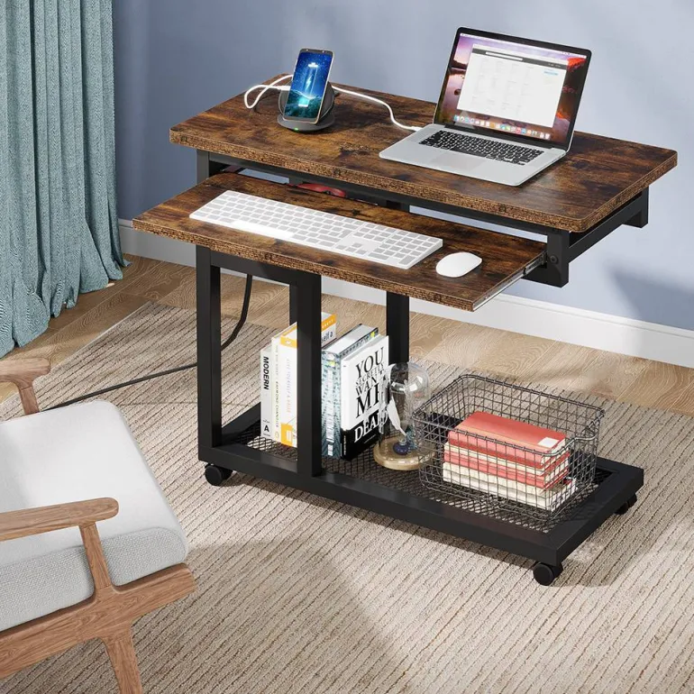 Online Tribesigns C Table, Mobile Portable Desk Side Table with Power Outlet