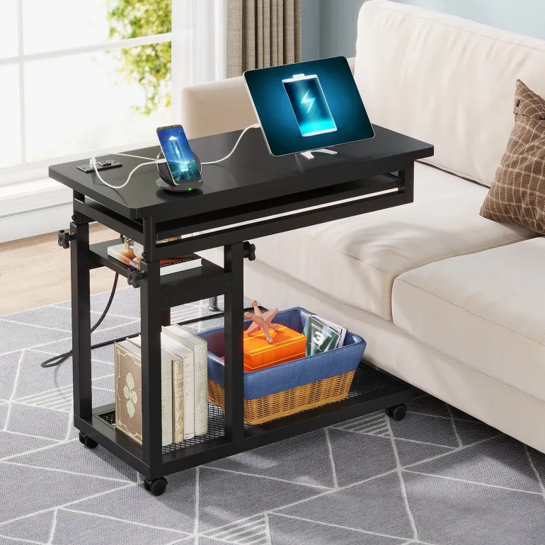 Online Tribesigns C Table, Mobile Portable Desk Side Table with Power Outlet