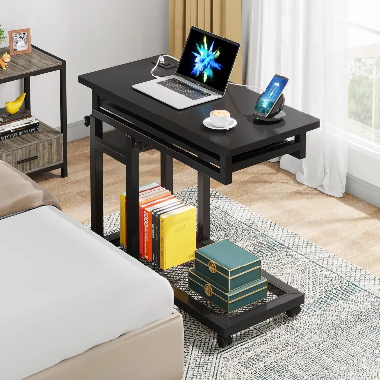 Online Tribesigns C Table, Mobile Portable Desk Side Table with Power Outlet