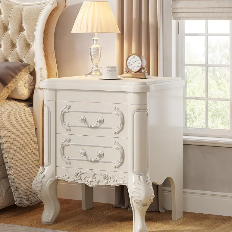 New Tribesigns Carved Nightstand, White Bedside Table End Table with 2 Drawers