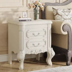 New Tribesigns Carved Nightstand, White Bedside Table End Table with 2 Drawers